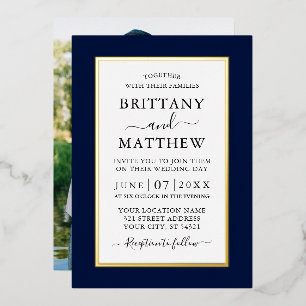Invitation En Aluminium Moderne Élégant Photo Mariage Bleu Or