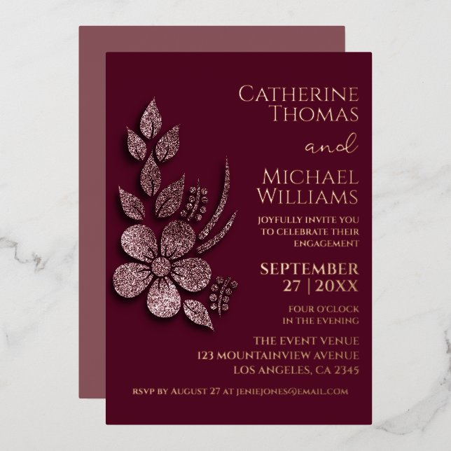 Invitation En Aluminium Moderne Élégante Rose Or Pailleté Floral & Bourgog (Recto/Verso)