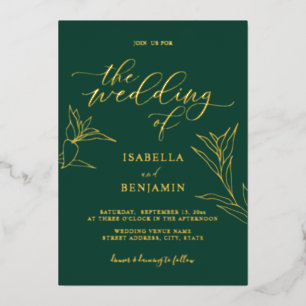 Invitation En Aluminium Moderne Emerald Gold Calligraphy Mariage botanique