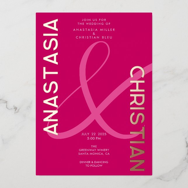 Invitation En Aluminium Moderne et Gras Mariage Magenta (Recto)