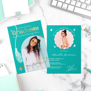 Invitation En Aluminium Moderne et rétro Turquoise Sparkle Graduation Foil
