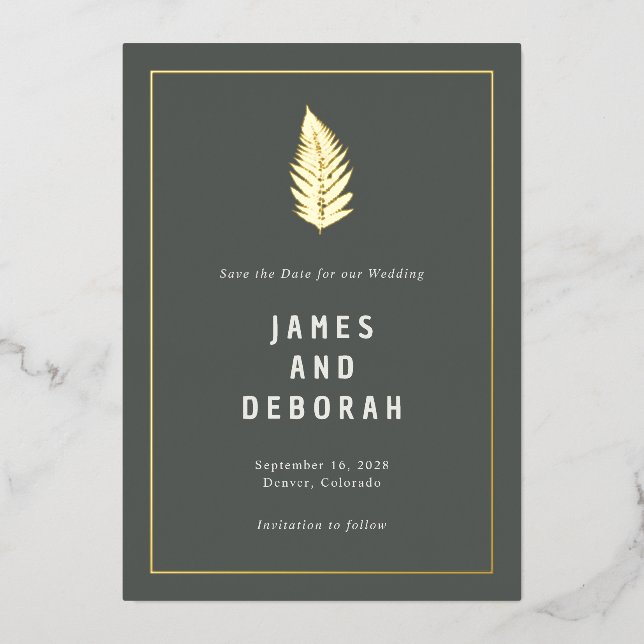 Invitation En Aluminium Moderne Ferns Woodland Mariage Gold Enregistrer la (Recto)