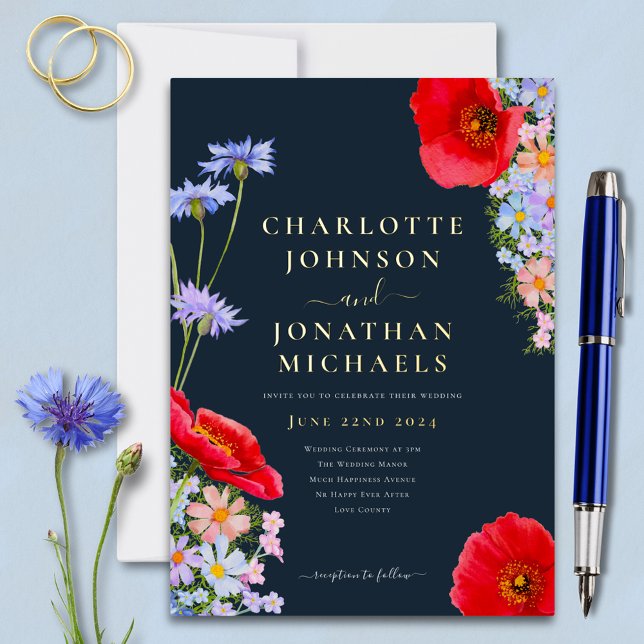 Invitation En Aluminium Moderne Fleur de Champ Bleu Nuit Or (Modern colorful wildflower navy blue and gold foil wedding invitation with red poppy)