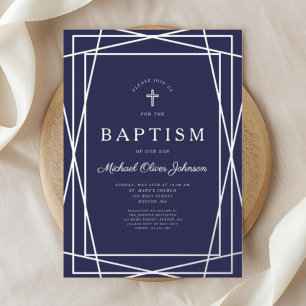 Invitation En Aluminium Moderne Géométrique Bleu Marine Baptême Garçon Arg