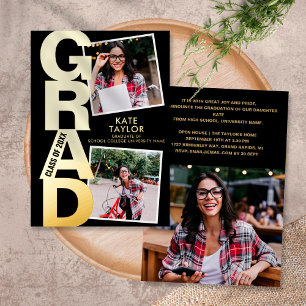 Invitation En Aluminium Moderne Grad Party 3 Photo Noir Et Or
