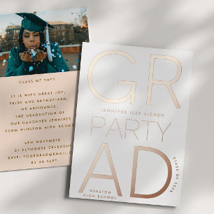 Invitation En Aluminium MODERNE GRAD PARTY Class of 2025 ROSE Gold Pressé