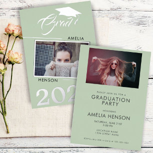 Invitation En Aluminium Moderne Green Graduate 2 Photo Graduate Argent