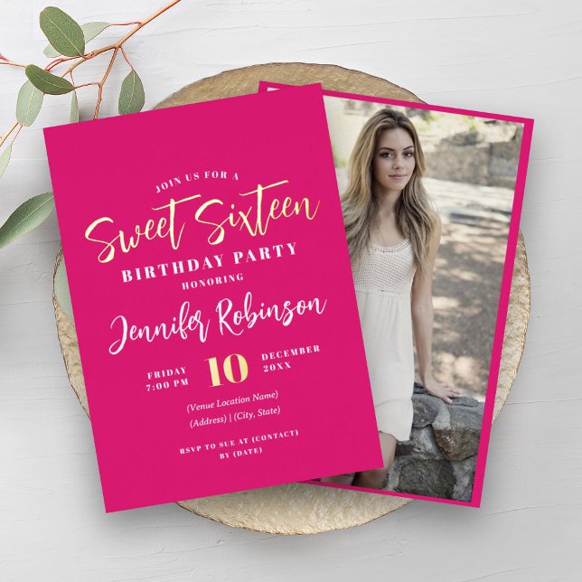Invitation En Aluminium Moderne Hot rose or photo Sweet 16 Seteen (Modern Hot Pink Gold Photo Sweet 16 Sixteen Foil Invitation)