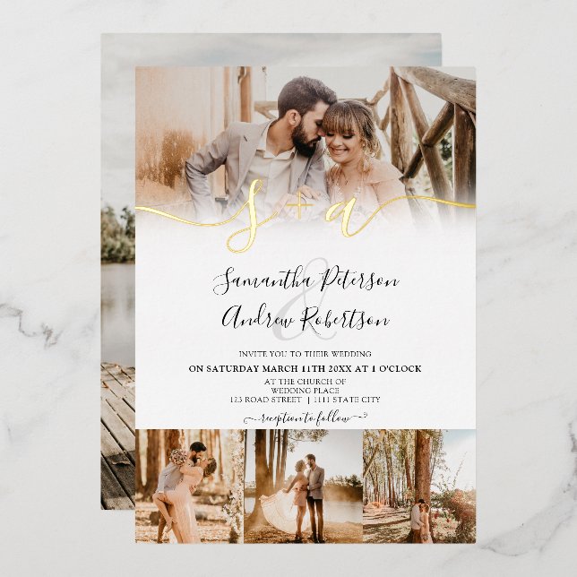 Invitation En Aluminium Moderne initiales de script 5 photos mariage (Recto/Verso)