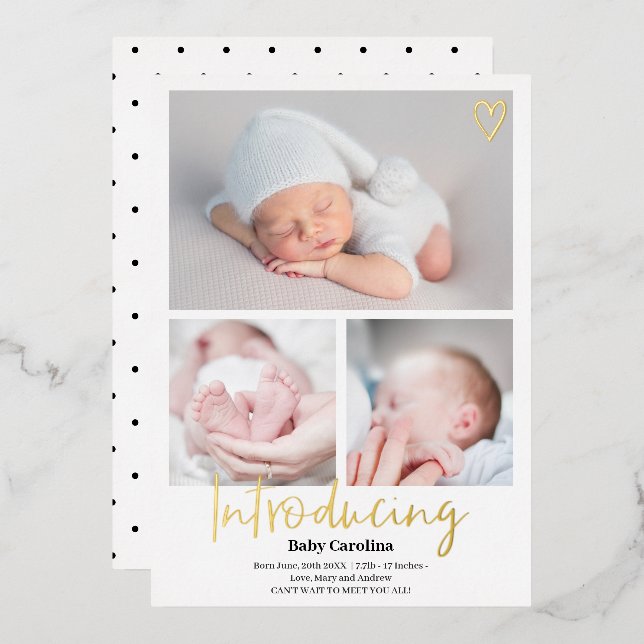 Invitation En Aluminium Moderne introduction noir blanc 3 photos naissance (Recto/Verso)