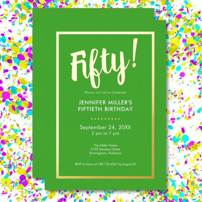 Invitation En Aluminium Moderne Lime Green & Gold Foil 50e anniversaire (Modern Lime Green & Gold Foil 50th Birthday Foil Invitation)