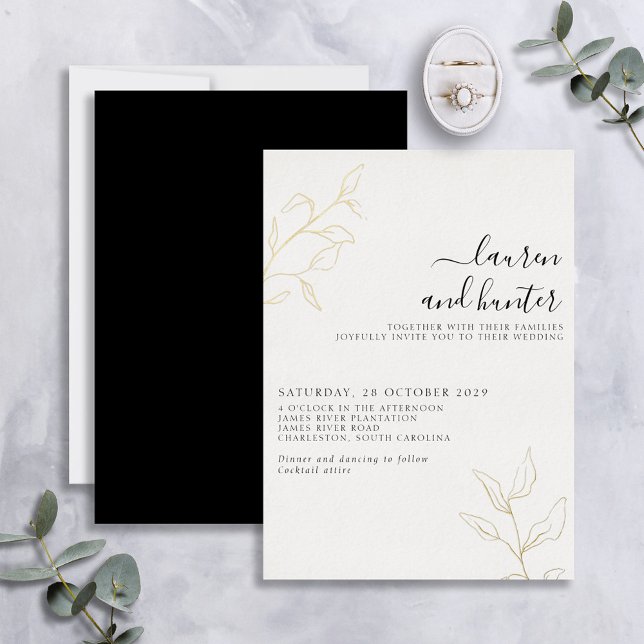 Invitation En Aluminium Moderne Mariage Botanique Or Noir Blanc Script (Créateur téléchargé)