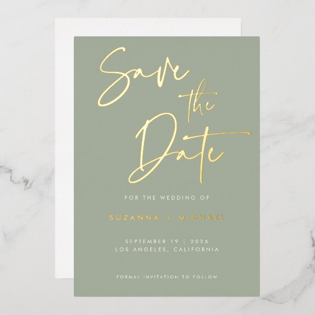 Invitation En Aluminium Moderne Mariage Calligraphique Sage Or (Recto/Verso)