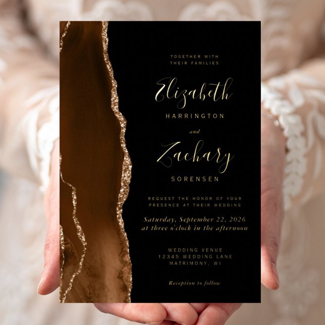 Invitation En Aluminium Moderne Mariage Marron Mocha Agate Noir Or (Créateur téléchargé)