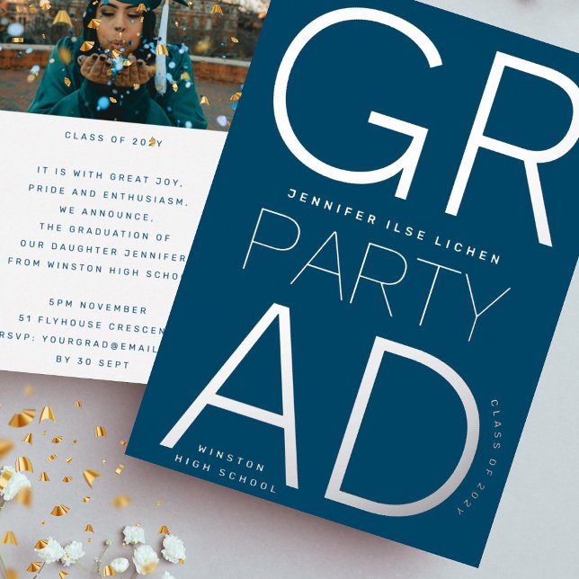 Invitation En Aluminium MODERNE MARINE BLUE GRAD PARTY Classe de 2023 Arge (Créateur téléchargé)