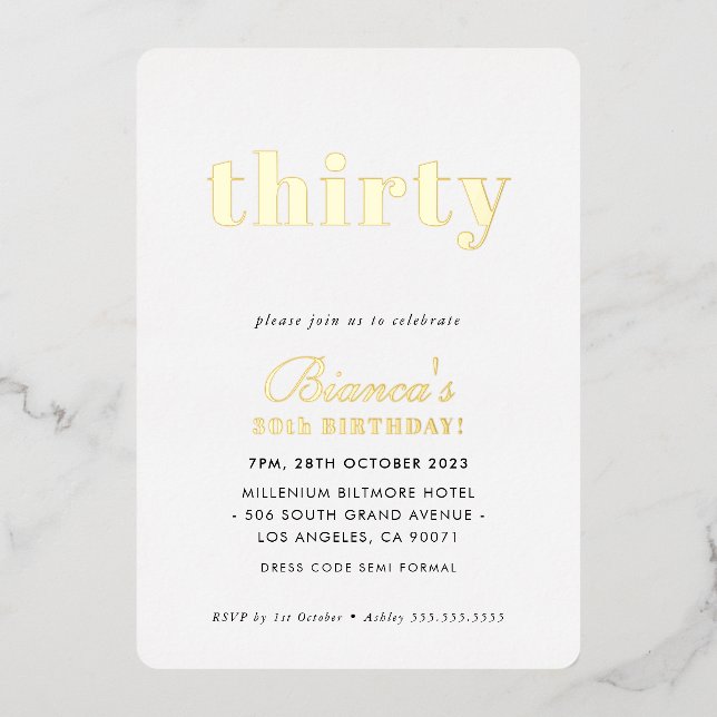 Invitation En Aluminium MODERNE MINIMAL chic simple or de trente ans (Recto)