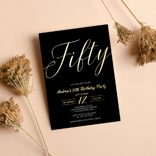 Invitation En Aluminium Moderne Minimaliste Script Noir 50e Anniversaire O