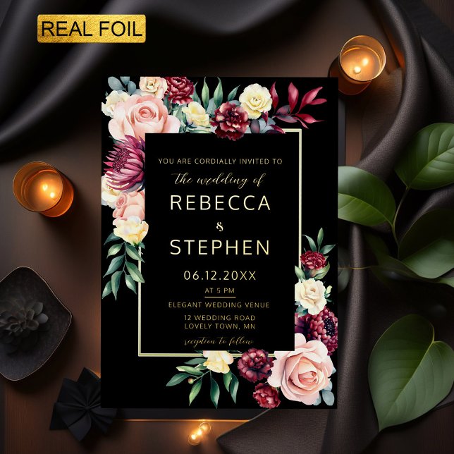 Invitation En Aluminium Moderne Moody Dark Burgundy Floral Mariage or (Créateur téléchargé)