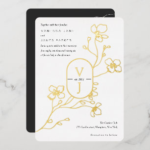 Invitation En Aluminium Moderne noir, blanc et or, floral mariage or