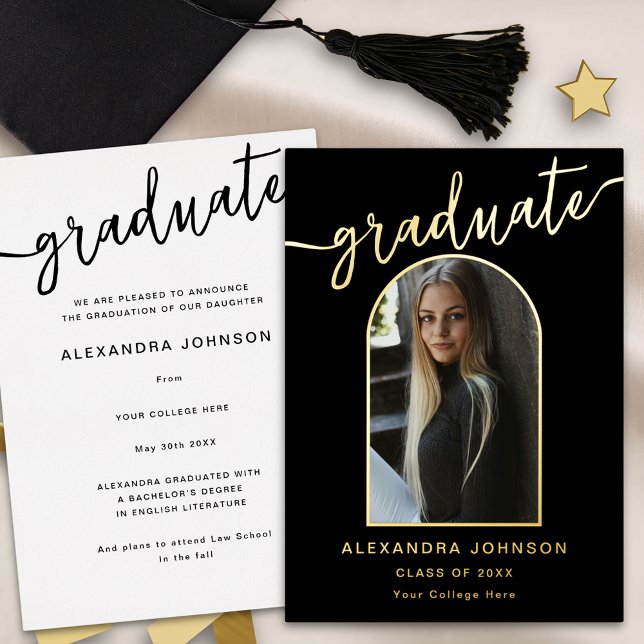 Invitation En Aluminium Moderne Photo d'Arche Tendance Or (Modern elegant arch photo graduation announcement card black and gold foil script)