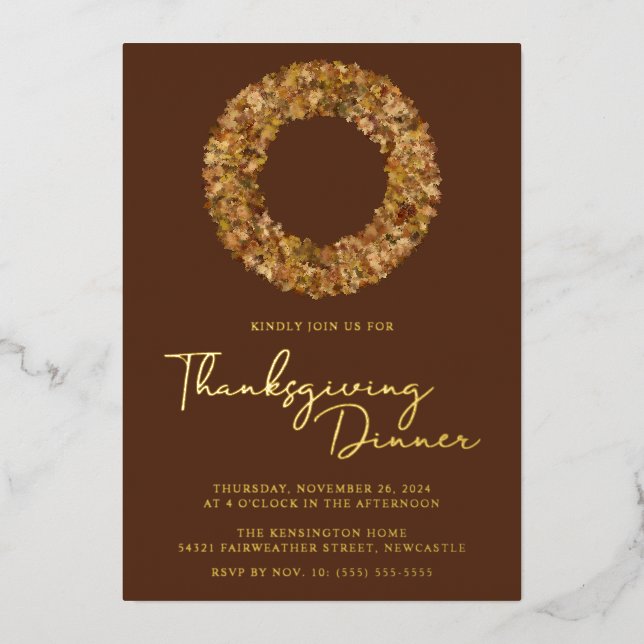 Invitation En Aluminium Moderne Russe Brown Gold Foil Thanksgiving Wreath (Recto)