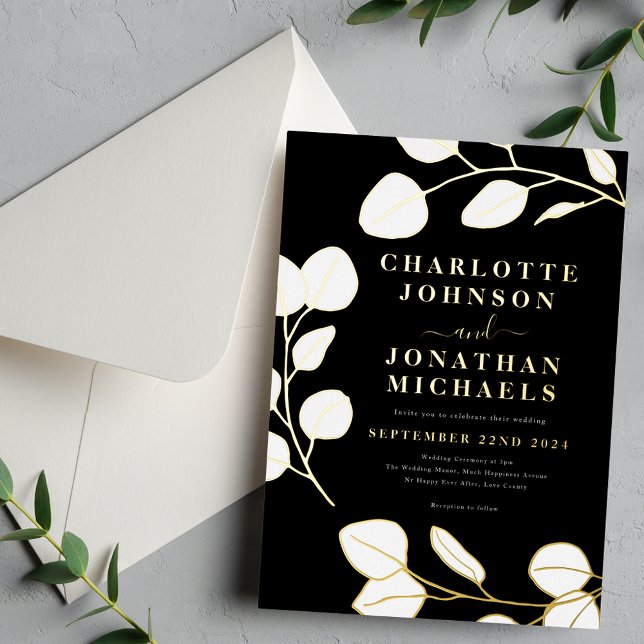 Invitation En Aluminium Moderne Simple Feuille Noir Blanc Or (Minimalist leaf stylish modern black and white gold foil wedding invitation )