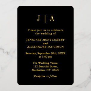 Invitation En Aluminium Moderne Simple Monogramme Noir Et Or Mariage