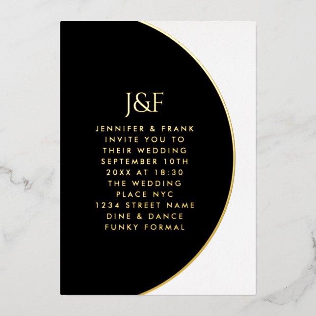 Invitation En Aluminium Moderne Simple Noir et Blanc Or Monogramme Real (Recto)