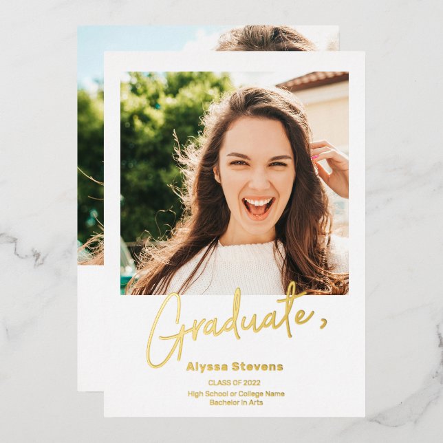 Invitation En Aluminium Moderne simple or blanc 2 photos graduation (Recto/Verso)
