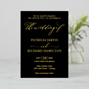 Invitation En Aluminium Moderne Stylo Calligraphie Black Gold Mariage