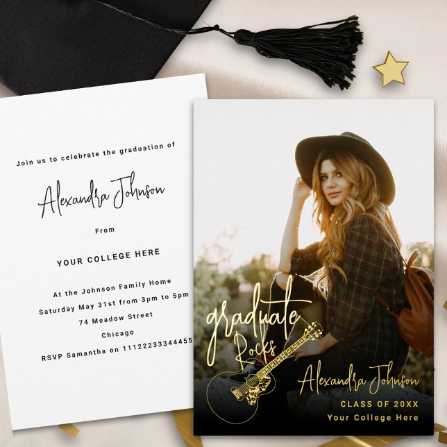 Invitation En Aluminium Moderne tendance Décontracté Photo Graduation Part (Modern trendy vertical photo gold foil Graduation party and announcement invitation country guitar)