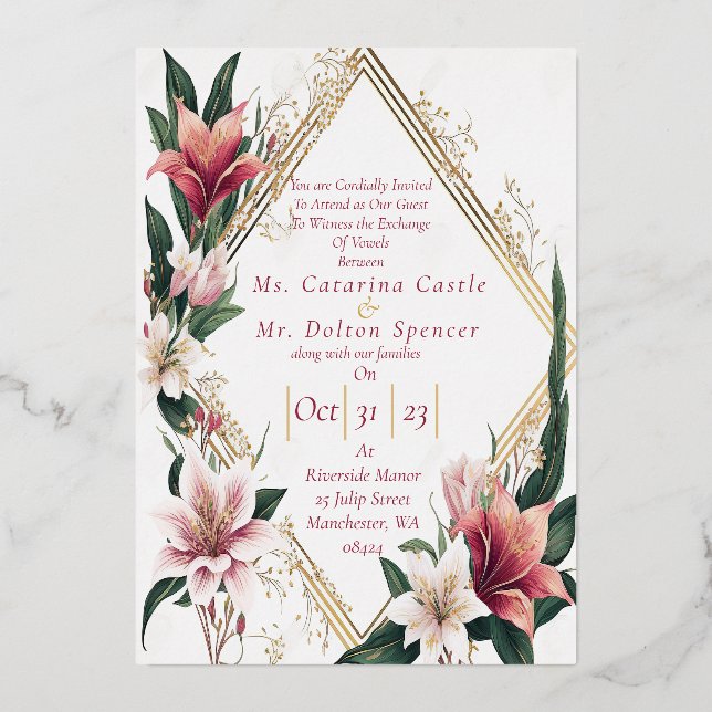 Invitation En Aluminium Moderne tendance Mariage floral rose et ivoire (Recto)