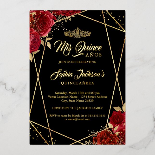 Invitation En Aluminium Moderne Tiara Floral or Quinceanera rouge (Recto)