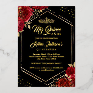Invitation En Aluminium Moderne Tiara Floral Rouge Or Quinceanera