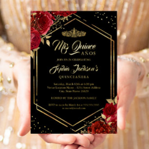 Invitation En Aluminium Moderne Tiara Floral Rouge Or Quinceanera Foil Inv
