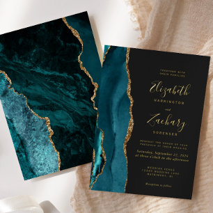 Invitation En Aluminium Moderne Turquoise Bleu Or Agate Mariage foncé