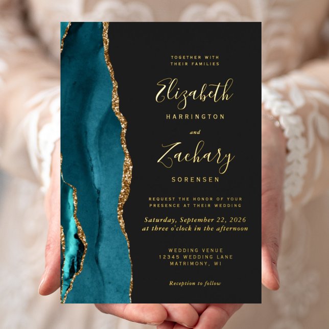 Invitation En Aluminium Moderne Turquoise Bleu Or Agate Mariage foncé (Créateur téléchargé)