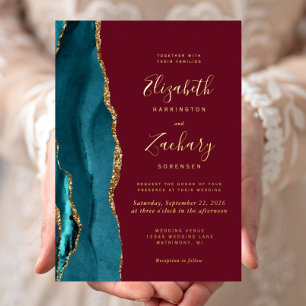 Invitation En Aluminium Moderne Turquoise Blue Gold Agate Bourgogne Mariag