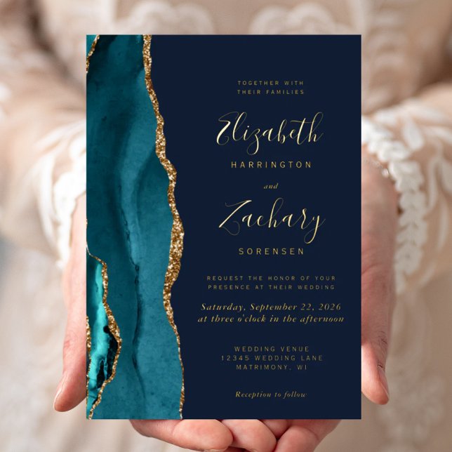 Invitation En Aluminium Moderne Turquoise Blue Gold Agate Marine Blue Mari (Créateur téléchargé)