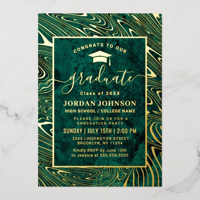 Invitation En Aluminium Moderne Vert Agate Marbre Partie de graduation Or (Recto)
