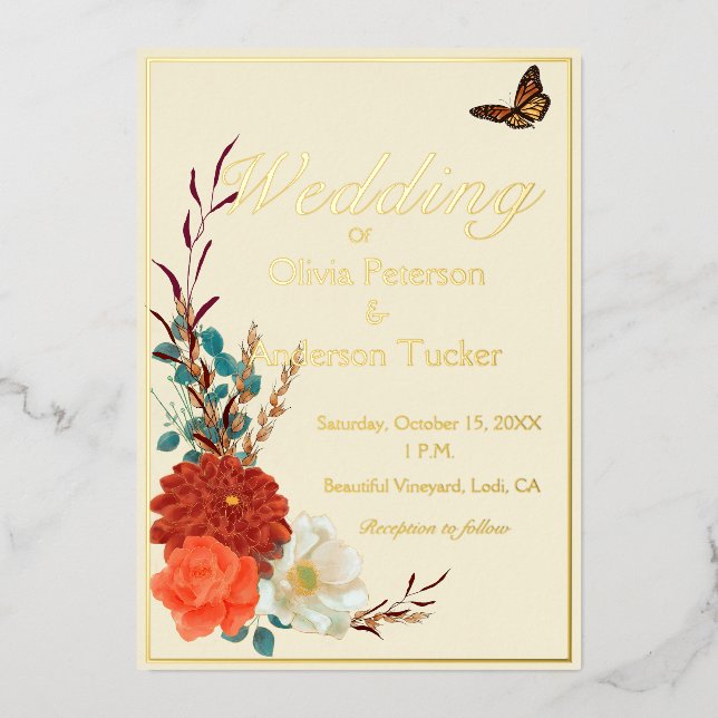 Invitation En Aluminium Monarque papillon ivoire et automne Mariage floral (Recto)
