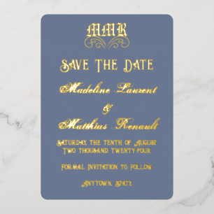 Invitation En Aluminium Monogram Elegant Dusty Blue & Gold Enregistrer la