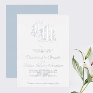 Invitation En Aluminium Monogramme argenté Mariage bleu glace