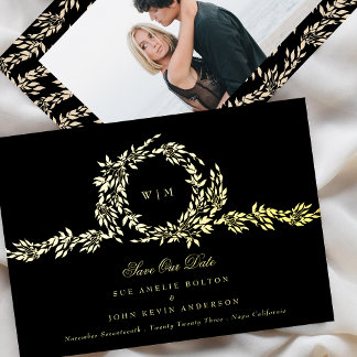 Invitation En Aluminium Monogramme Black Crest Classic Mariage Photo Gold
