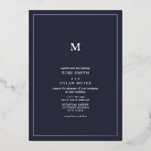 Invitation En Aluminium Monogramme Carré bleu foncé Mariage Foil Invitatio