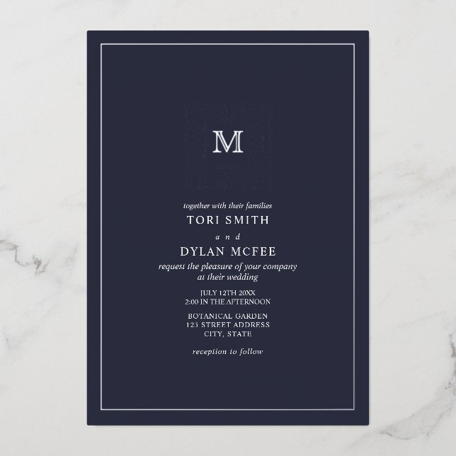 Invitation En Aluminium Monogramme Carré Bleu foncé Mariage Foil Invitatio (Recto)