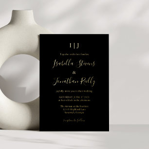 Invitation En Aluminium Monogramme classique minimaliste Mariage Black Gol