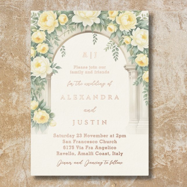Invitation En Aluminium Monogramme Crème Jaune Arc Floral Mariage (Créateur téléchargé)