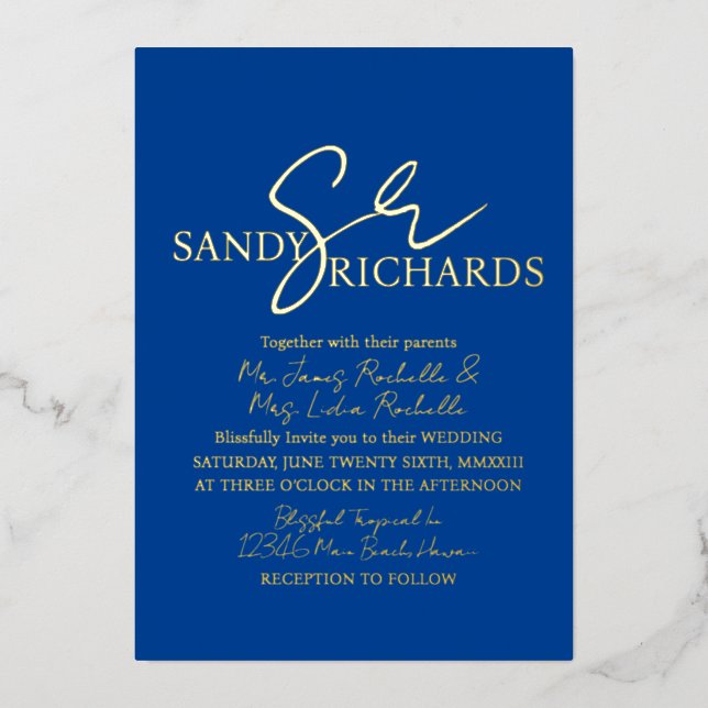 Invitation En Aluminium Monogramme de couples bleu or mariage   (Recto)