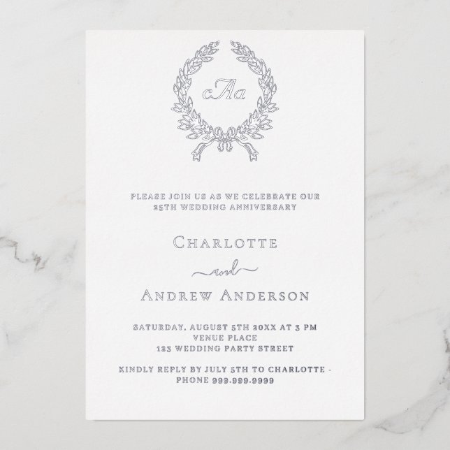 Invitation En Aluminium Monogramme de couronne d'argent 25e anniversaire d (Recto)